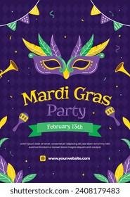 Happy Mardi Gras festival background. Mardi Gras carnival celebration. Cartoon Vector illustration design Template for Poster, Banner, Flyer, Greeting, Card, Post, Cover, Invitation. Mardi Gras parade