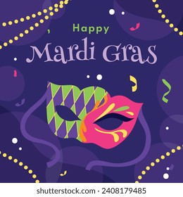 Happy Mardi Gras festival background. Mardi Gras carnival celebration. Cartoon Vector illustration design Template for Poster, Banner, Flyer, Greeting, Card, Post, Cover, Invitation. Mardi Gras parade