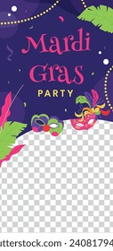 Happy Mardi Gras festival background. Mardi Gras carnival celebration. Cartoon Vector illustration design Template for Poster, Banner, Flyer, Greeting, Card, Post, Cover, Invitation. Mardi Gras parade