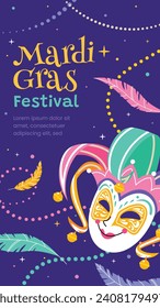 Happy Mardi Gras festival background. Mardi Gras carnival celebration. Cartoon Vector illustration design Template for Poster, Banner, Flyer, Greeting, Card, Post, Cover, Invitation. Mardi Gras parade