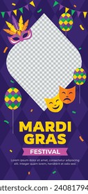 Fröhlicher Mardi Gras Festivalhintergrund. Mardi Gras Karnevalsfeier. Cartoon Vektorgrafik Design Vorlage für Poster, Banner, Flyer, Gruß, Karte, Post, Cover, Einladung. Mardi Gras Parade