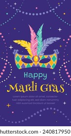 Fröhlicher Mardi Gras Festivalhintergrund. Mardi Gras Karnevalsfeier. Cartoon Vektorgrafik Design Vorlage für Poster, Banner, Flyer, Gruß, Karte, Post, Cover, Einladung. Mardi Gras Parade