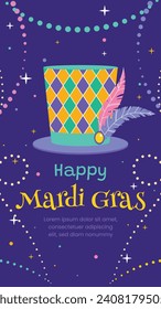 Happy Mardi Gras festival background. Mardi Gras carnival celebration. Cartoon Vector illustration design Template for Poster, Banner, Flyer, Greeting, Card, Post, Cover, Invitation. Mardi Gras parade