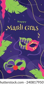 Happy Mardi Gras festival background. Mardi Gras carnival celebration. Cartoon Vector illustration design Template for Poster, Banner, Flyer, Greeting, Card, Post, Cover, Invitation. Mardi Gras parade