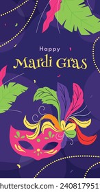 Fröhlicher Mardi Gras Festivalhintergrund. Mardi Gras Karnevalsfeier. Cartoon Vektorgrafik Design Vorlage für Poster, Banner, Flyer, Gruß, Karte, Post, Cover, Einladung. Mardi Gras Parade