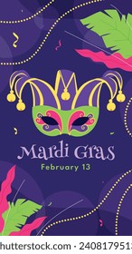 Fröhlicher Mardi Gras Festivalhintergrund. Mardi Gras Karnevalsfeier. Cartoon Vektorgrafik Design Vorlage für Poster, Banner, Flyer, Gruß, Karte, Post, Cover, Einladung. Mardi Gras Parade