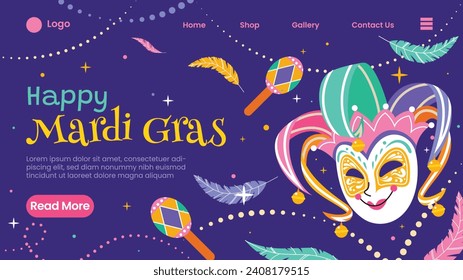 Fröhlicher Mardi Gras Festivalhintergrund. Mardi Gras Karnevalsfeier. Cartoon Vektorgrafik Design Vorlage für Poster, Banner, Flyer, Gruß, Karte, Post, Cover, Einladung. Mardi Gras Parade