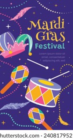 Happy Mardi Gras festival background. Mardi Gras carnival celebration. Cartoon Vector illustration design Template for Poster, Banner, Flyer, Greeting, Card, Post, Cover, Invitation. Mardi Gras parade