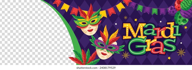 Happy Mardi Gras festival background. Mardi Gras carnival celebration. Cartoon Vector illustration design Template for Poster, Banner, Flyer, Greeting, Card, Post, Cover, Invitation. Mardi Gras parade