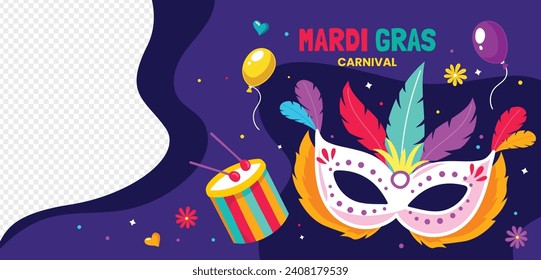 Happy Mardi Gras festival background. Mardi Gras carnival celebration. Cartoon Vector illustration design Template for Poster, Banner, Flyer, Greeting, Card, Post, Cover, Invitation. Mardi Gras parade