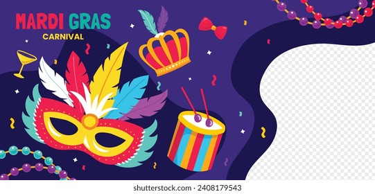 Happy Mardi Gras festival background. Mardi Gras carnival celebration. Cartoon Vector illustration design Template for Poster, Banner, Flyer, Greeting, Card, Post, Cover, Invitation. Mardi Gras parade