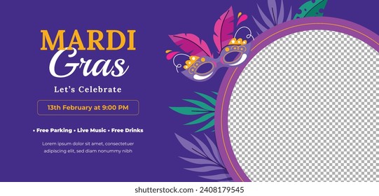 Felices antecedentes del festival Mardi Gras. Celebración del carnaval de Mardi Gras. Plantilla de diseño de ilustración de vectores de dibujos animados para afiches, pancartas, volantes, saludo, tarjeta, mensaje, portada, invitación. Desfile Mardi Gras