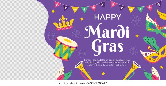 Fröhlicher Mardi Gras Festivalhintergrund. Mardi Gras Karnevalsfeier. Cartoon Vektorgrafik Design Vorlage für Poster, Banner, Flyer, Gruß, Karte, Post, Cover, Einladung. Mardi Gras Parade