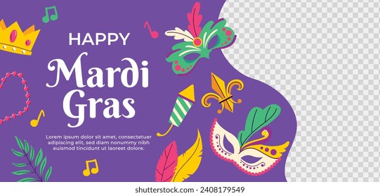 Happy Mardi Gras festival background. Mardi Gras carnival celebration. Cartoon Vector illustration design Template for Poster, Banner, Flyer, Greeting, Card, Post, Cover, Invitation. Mardi Gras parade