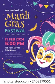 Happy Mardi Gras festival background. Mardi Gras carnival celebration. Cartoon Vector illustration design Template for Poster, Banner, Flyer, Greeting, Card, Post, Cover, Invitation. Mardi Gras parade