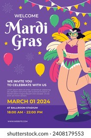 Fröhlicher Mardi Gras Festivalhintergrund. Mardi Gras Karnevalsfeier. Cartoon Vektorgrafik Design Vorlage für Poster, Banner, Flyer, Gruß, Karte, Post, Cover, Einladung. Mardi Gras Parade