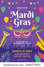 Fröhlicher Mardi Gras Festivalhintergrund. Mardi Gras Karnevalsfeier. Cartoon Vektorgrafik Design Vorlage für Poster, Banner, Flyer, Gruß, Karte, Post, Cover, Einladung. Mardi Gras Parade