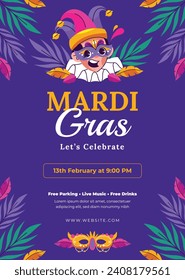 Fröhlicher Mardi Gras Festivalhintergrund. Mardi Gras Karnevalsfeier. Cartoon Vektorgrafik Design Vorlage für Poster, Banner, Flyer, Gruß, Karte, Post, Cover, Einladung. Mardi Gras Parade