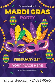 Happy Mardi Gras festival background. Mardi Gras carnival celebration. Cartoon Vector illustration design Template for Poster, Banner, Flyer, Greeting, Card, Post, Cover, Invitation. Mardi Gras parade