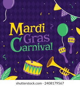 Happy Mardi Gras festival background. Mardi Gras carnival celebration. Cartoon Vector illustration design Template for Poster, Banner, Flyer, Greeting, Card, Post, Cover, Invitation. Mardi Gras parade