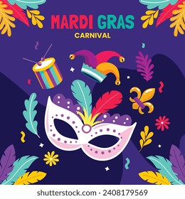 Happy Mardi Gras festival background. Mardi Gras carnival celebration. Cartoon Vector illustration design Template for Poster, Banner, Flyer, Greeting, Card, Post, Cover, Invitation. Mardi Gras parade