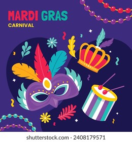 Happy Mardi Gras festival background. Mardi Gras carnival celebration. Cartoon Vector illustration design Template for Poster, Banner, Flyer, Greeting, Card, Post, Cover, Invitation. Mardi Gras parade