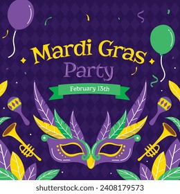 Happy Mardi Gras festival background. Mardi Gras carnival celebration. Cartoon Vector illustration design Template for Poster, Banner, Flyer, Greeting, Card, Post, Cover, Invitation. Mardi Gras parade