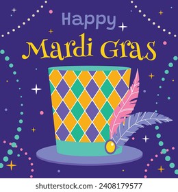 Happy Mardi Gras festival background. Mardi Gras carnival celebration. Cartoon Vector illustration design Template for Poster, Banner, Flyer, Greeting, Card, Post, Cover, Invitation. Mardi Gras parade