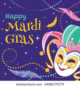 Fröhlicher Mardi Gras Festivalhintergrund. Mardi Gras Karnevalsfeier. Cartoon Vektorgrafik Design Vorlage für Poster, Banner, Flyer, Gruß, Karte, Post, Cover, Einladung. Mardi Gras Parade