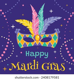 Happy Mardi Gras festival background. Mardi Gras carnival celebration. Cartoon Vector illustration design Template for Poster, Banner, Flyer, Greeting, Card, Post, Cover, Invitation. Mardi Gras parade