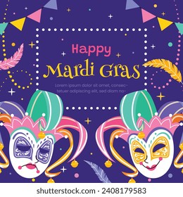 Happy Mardi Gras festival background. Mardi Gras carnival celebration. Cartoon Vector illustration design Template for Poster, Banner, Flyer, Greeting, Card, Post, Cover, Invitation. Mardi Gras parade