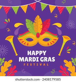 Happy Mardi Gras festival background. Mardi Gras carnival celebration. Cartoon Vector illustration design Template for Poster, Banner, Flyer, Greeting, Card, Post, Cover, Invitation. Mardi Gras parade