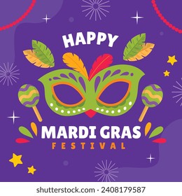 Fröhlicher Mardi Gras Festivalhintergrund. Mardi Gras Karnevalsfeier. Cartoon Vektorgrafik Design Vorlage für Poster, Banner, Flyer, Gruß, Karte, Post, Cover, Einladung. Mardi Gras Parade