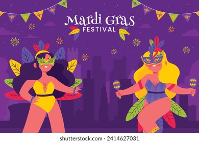 Happy Mardi Gras festival background. Mardi Gras carnival celebration. Cartoon Vector illustration design Template for Poster, Banner, Flyer, Greeting, Card, Post, Cover, Invitation. Mardi Gras parade