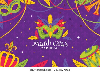 Happy Mardi Gras festival background. Mardi Gras carnival celebration. Cartoon Vector illustration design Template for Poster, Banner, Flyer, Greeting, Card, Post, Cover, Invitation. Mardi Gras parade