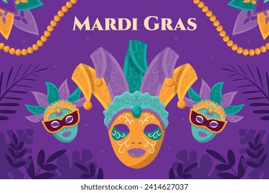 Happy Mardi Gras festival background. Mardi Gras carnival celebration. Cartoon Vector illustration design Template for Poster, Banner, Flyer, Greeting, Card, Post, Cover, Invitation. Mardi Gras parade