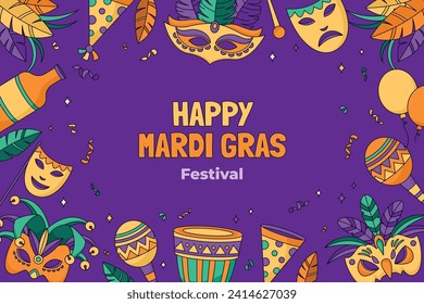 Happy Mardi Gras festival background. Mardi Gras carnival celebration. Cartoon Vector illustration design Template for Poster, Banner, Flyer, Greeting, Card, Post, Cover, Invitation. Mardi Gras parade