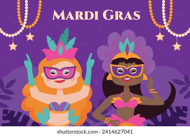 Happy Mardi Gras festival background. Mardi Gras carnival celebration. Cartoon Vector illustration design Template for Poster, Banner, Flyer, Greeting, Card, Post, Cover, Invitation. Mardi Gras parade