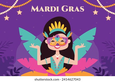 Happy Mardi Gras festival background. Mardi Gras carnival celebration. Cartoon Vector illustration design Template for Poster, Banner, Flyer, Greeting, Card, Post, Cover, Invitation. Mardi Gras parade