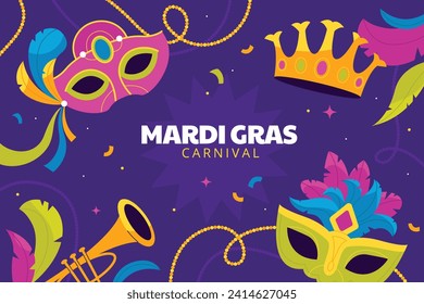 Happy Mardi Gras festival background. Mardi Gras carnival celebration. Cartoon Vector illustration design Template for Poster, Banner, Flyer, Greeting, Card, Post, Cover, Invitation. Mardi Gras parade