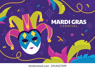 Happy Mardi Gras festival background. Mardi Gras carnival celebration. Cartoon Vector illustration design Template for Poster, Banner, Flyer, Greeting, Card, Post, Cover, Invitation. Mardi Gras parade