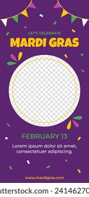 Happy Mardi Gras festival background. Mardi Gras carnival celebration. Cartoon Vector illustration design Template for Poster, Banner, Flyer, Greeting, Card, Post, Cover, Invitation. Mardi Gras parade