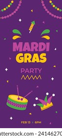 Happy Mardi Gras festival background. Mardi Gras carnival celebration. Cartoon Vector illustration design Template for Poster, Banner, Flyer, Greeting, Card, Post, Cover, Invitation. Mardi Gras parade