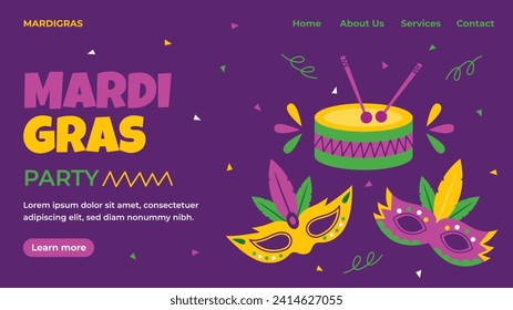 Happy Mardi Gras festival background. Mardi Gras carnival celebration. Cartoon Vector illustration design Template for Poster, Banner, Flyer, Greeting, Card, Post, Cover, Invitation. Mardi Gras parade