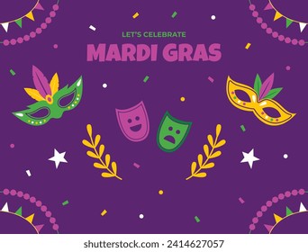 Happy Mardi Gras festival background. Mardi Gras carnival celebration. Cartoon Vector illustration design Template for Poster, Banner, Flyer, Greeting, Card, Post, Cover, Invitation. Mardi Gras parade