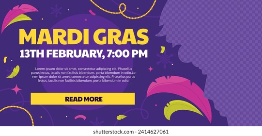 Happy Mardi Gras festival background. Mardi Gras carnival celebration. Cartoon Vector illustration design Template for Poster, Banner, Flyer, Greeting, Card, Post, Cover, Invitation. Mardi Gras parade