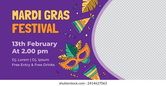 Happy Mardi Gras festival background. Mardi Gras carnival celebration. Cartoon Vector illustration design Template for Poster, Banner, Flyer, Greeting, Card, Post, Cover, Invitation. Mardi Gras parade