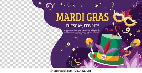 Happy Mardi Gras festival background. Mardi Gras carnival celebration. Cartoon Vector illustration design Template for Poster, Banner, Flyer, Greeting, Card, Post, Cover, Invitation. Mardi Gras parade