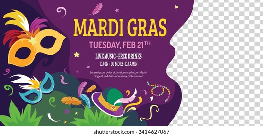 Happy Mardi Gras festival background. Mardi Gras carnival celebration. Cartoon Vector illustration design Template for Poster, Banner, Flyer, Greeting, Card, Post, Cover, Invitation. Mardi Gras parade