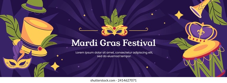 Happy Mardi Gras festival background. Mardi Gras carnival celebration. Cartoon Vector illustration design Template for Poster, Banner, Flyer, Greeting, Card, Post, Cover, Invitation. Mardi Gras parade